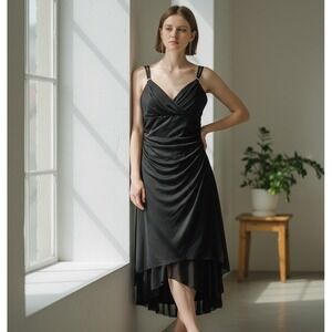 Y2K MAJORA Womens Dress L Black Gauzy Tiered Sheer Asymmetrical Whimsigoth Fairy